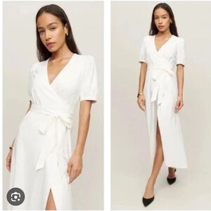 Reformation White Puff Sleeve Wrap Midi Dress